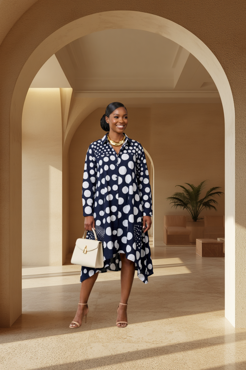 Model wearing navy polka dot long sleeve shirt dress with asymmetric hem and gold accessories