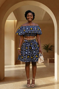 African Print Two-Piece Set – Off-Shoulder Crop Top & Flared Mini Skirt