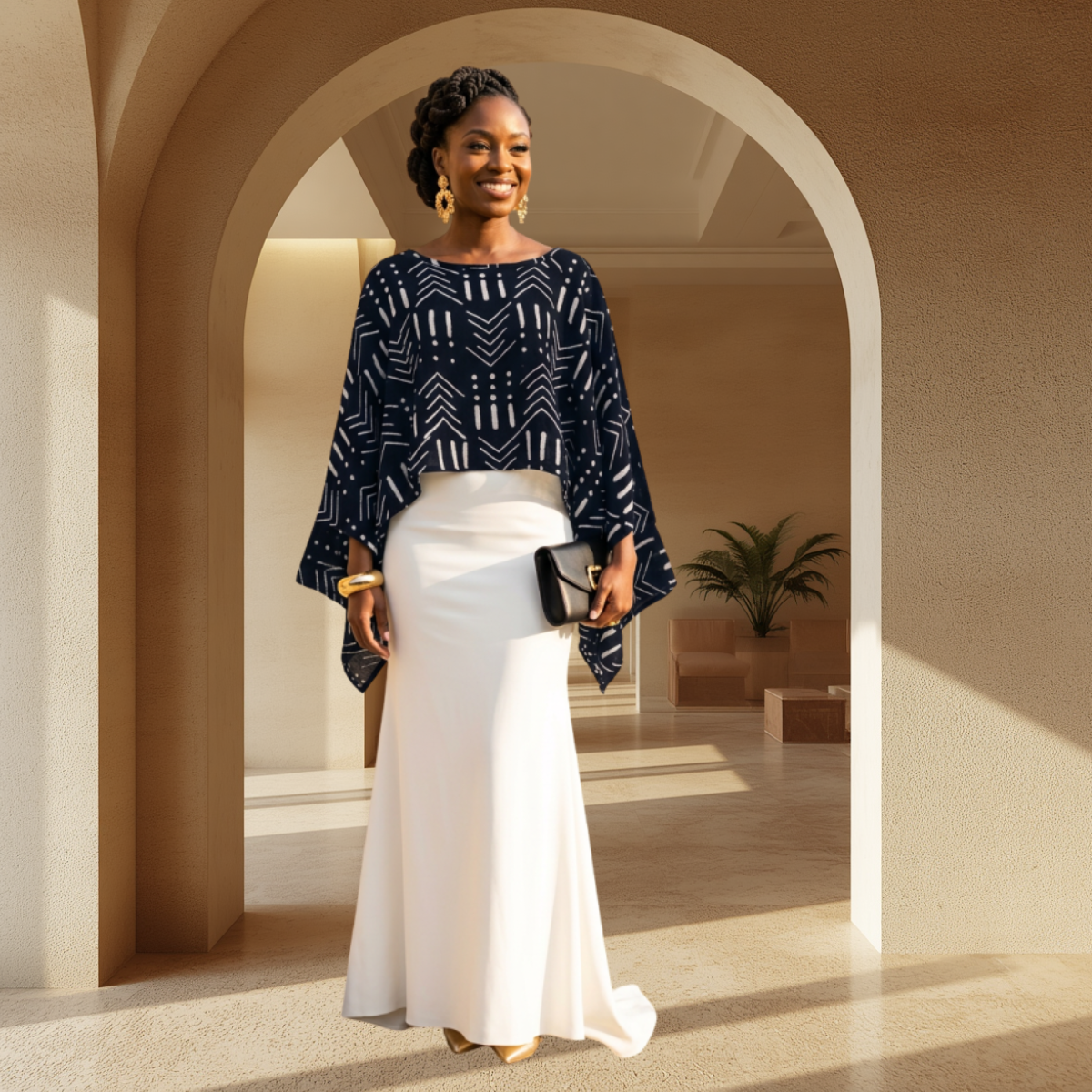 Model wearing African mudcloth print batwing top – full body view with gold accessories