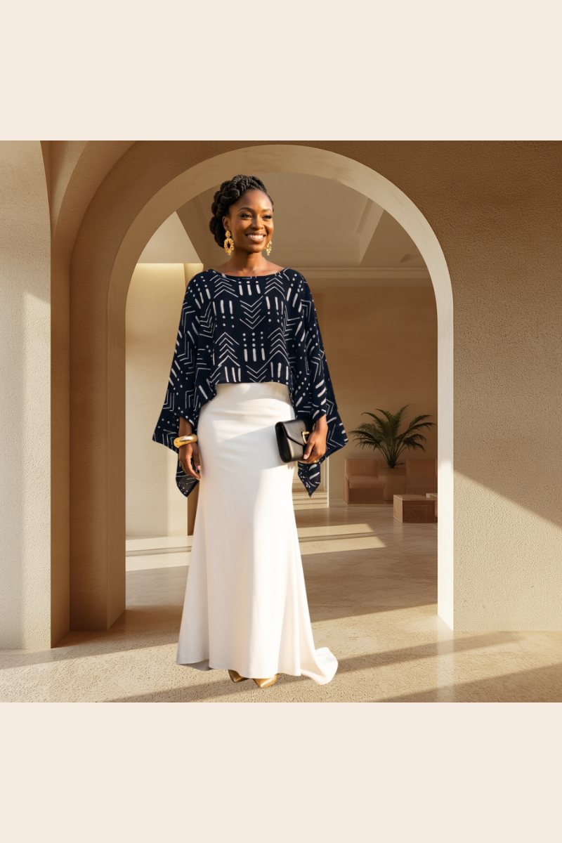 Model wearing African mudcloth print batwing top with white maxi skirt – front view