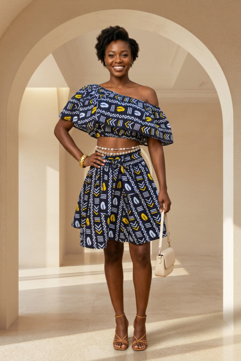 African Print Two-Piece Set – Off-Shoulder Crop Top & Flared Mini Skirt
