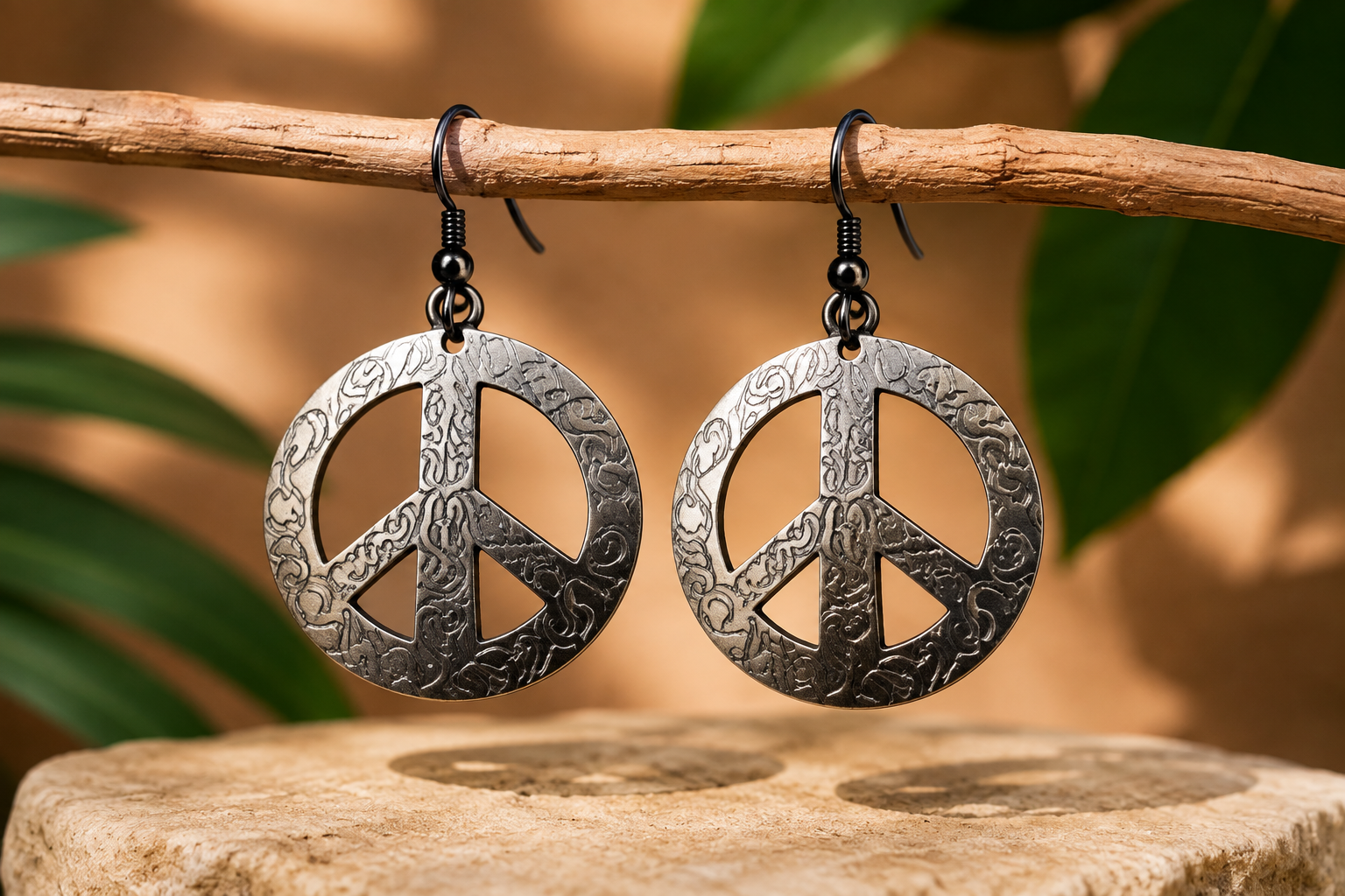 African Earrings - Peace Pattern hanging on branch
