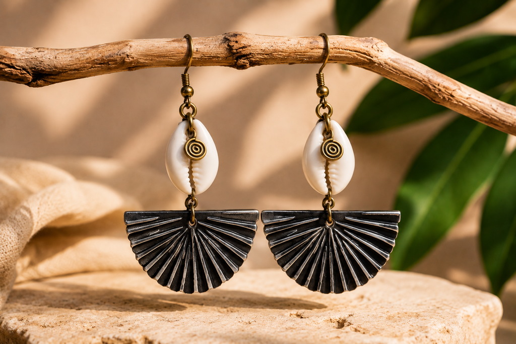 African Earrings Design 8 - cowrie shell and fan drop earrings on branch