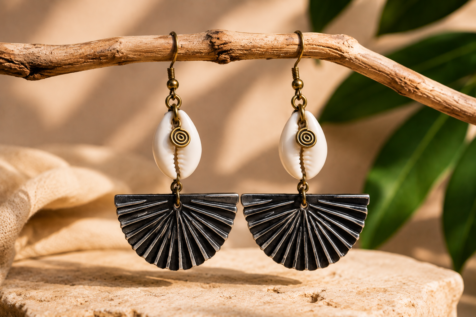 African Earrings Design 8 - cowrie shell and fan drop earrings on branch