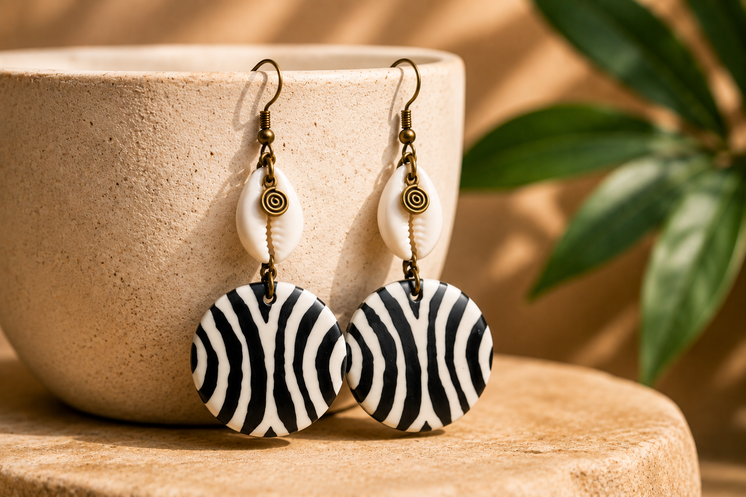 African Earrings Design 6 - zebra stripe disc and cowrie shell earrings