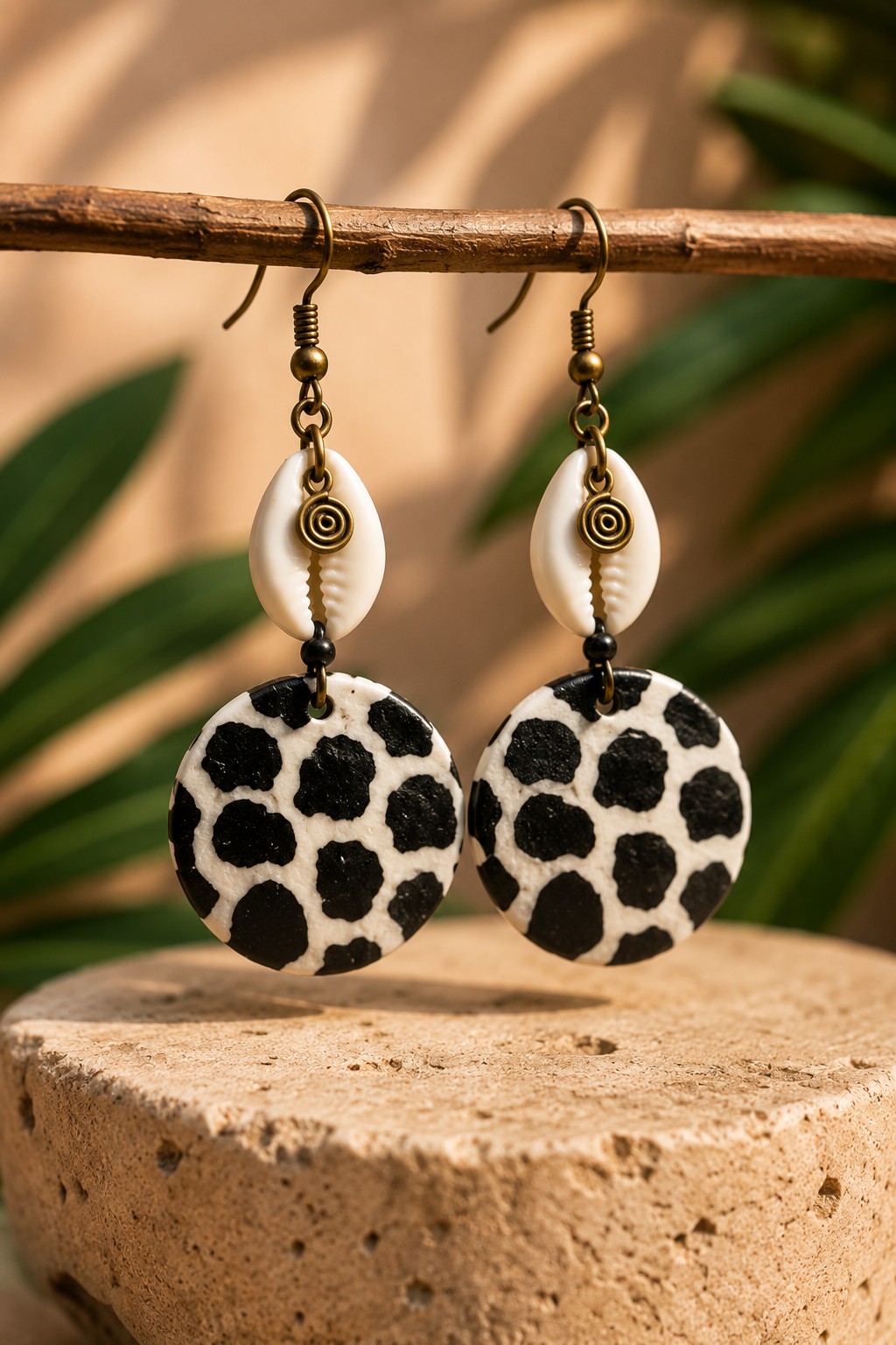 African Earrings Design 5 - cowrie shell and leopard spot disc earrings