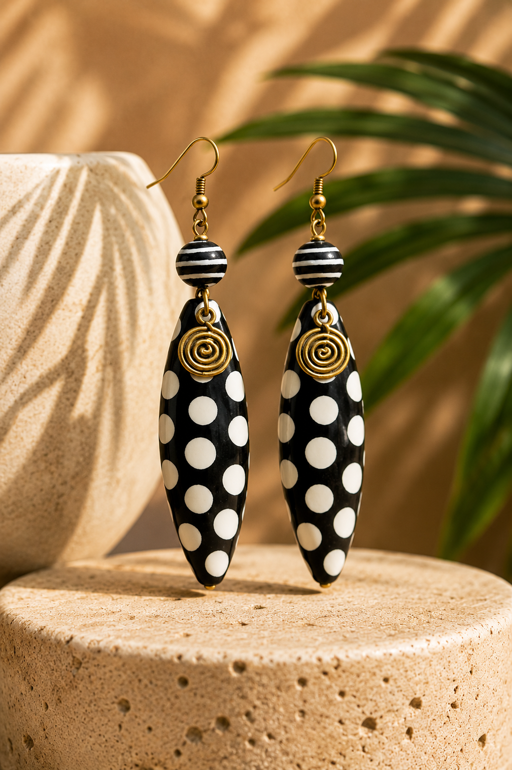 African Earrings Design 3 - black polka dot oval drop earrings with striped bead