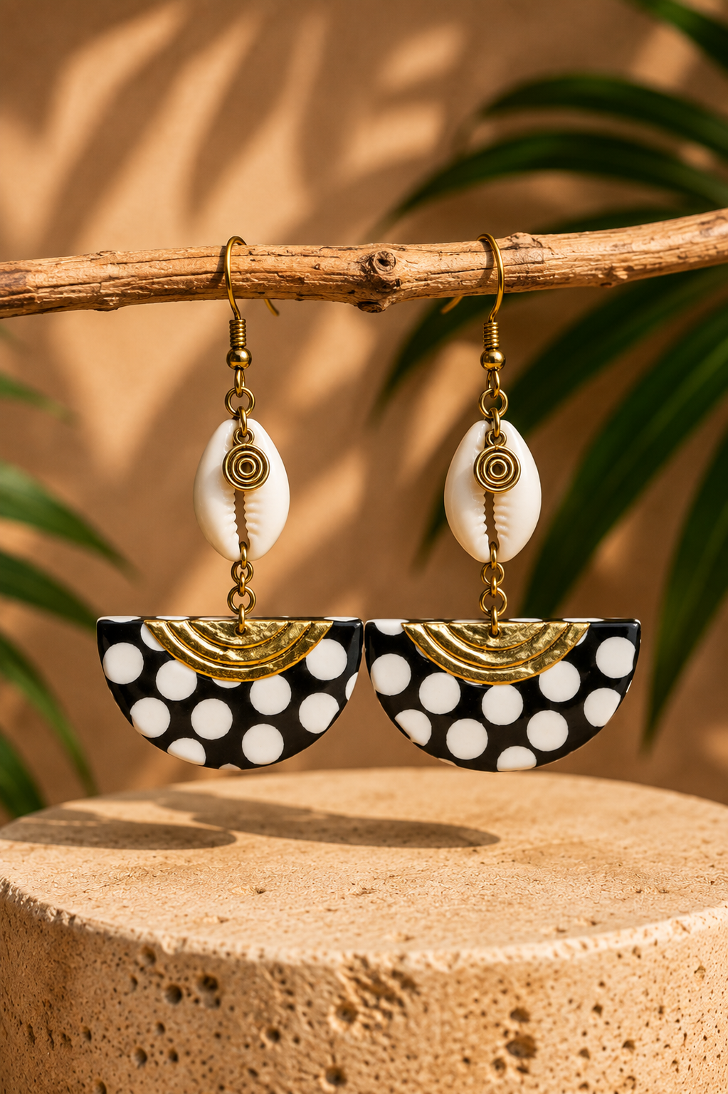 African Earrings Design 10 - cowrie shell and polka dot fan drop earrings on branch