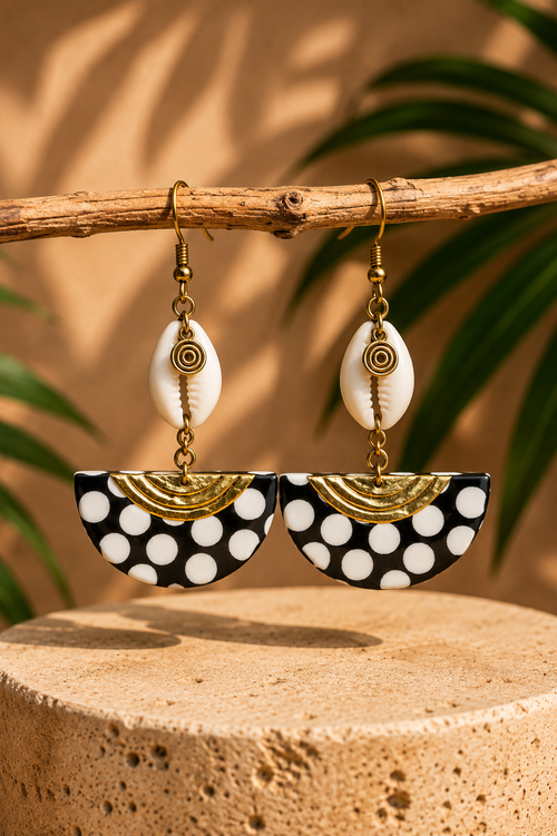 African Earrings Design 10 - cowrie shell and polka dot fan drop earrings on branch