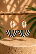 African Earrings Design 12 - cowrie shell and zebra stripe fan drop earrings on branch
