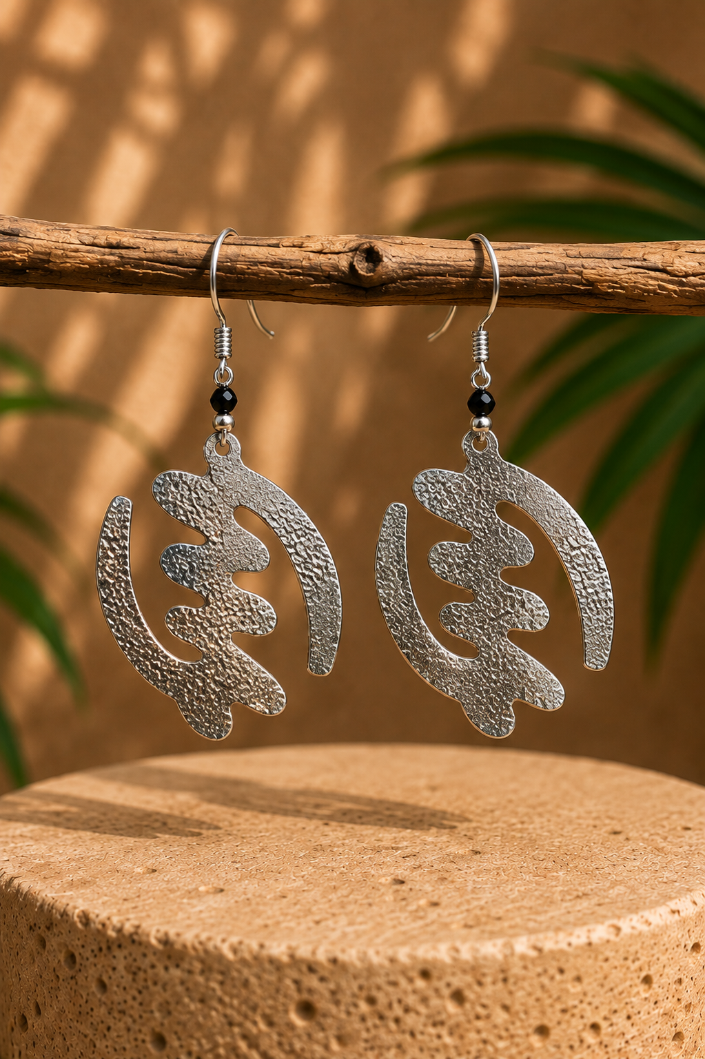 Silver Gye Nyame African Earrings - textured silver Adinkra symbol drop earrings with black bead