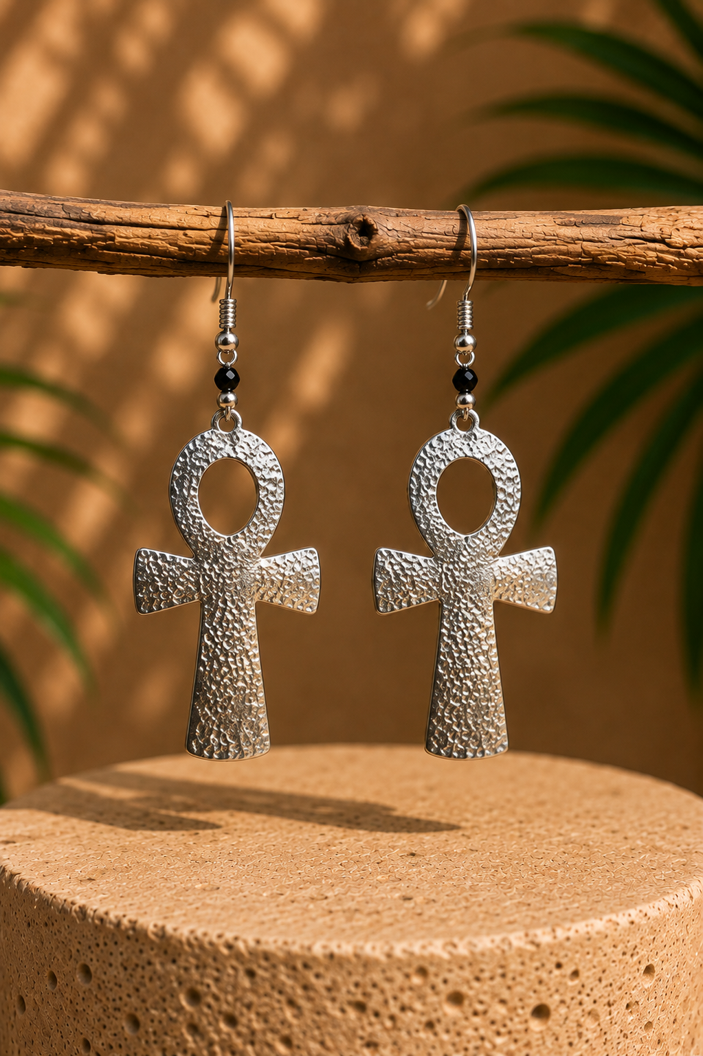 African Earrings - Cross - silver textured ankh cross drop earrings with black bead on branch