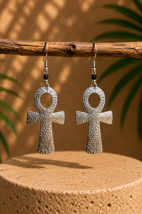 African Earrings - Cross - silver textured ankh cross drop earrings with black bead on branch
