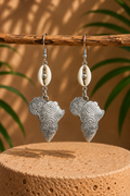 African Earrings Design 11 - silver Africa map swirl pattern drop earrings with cowrie shell