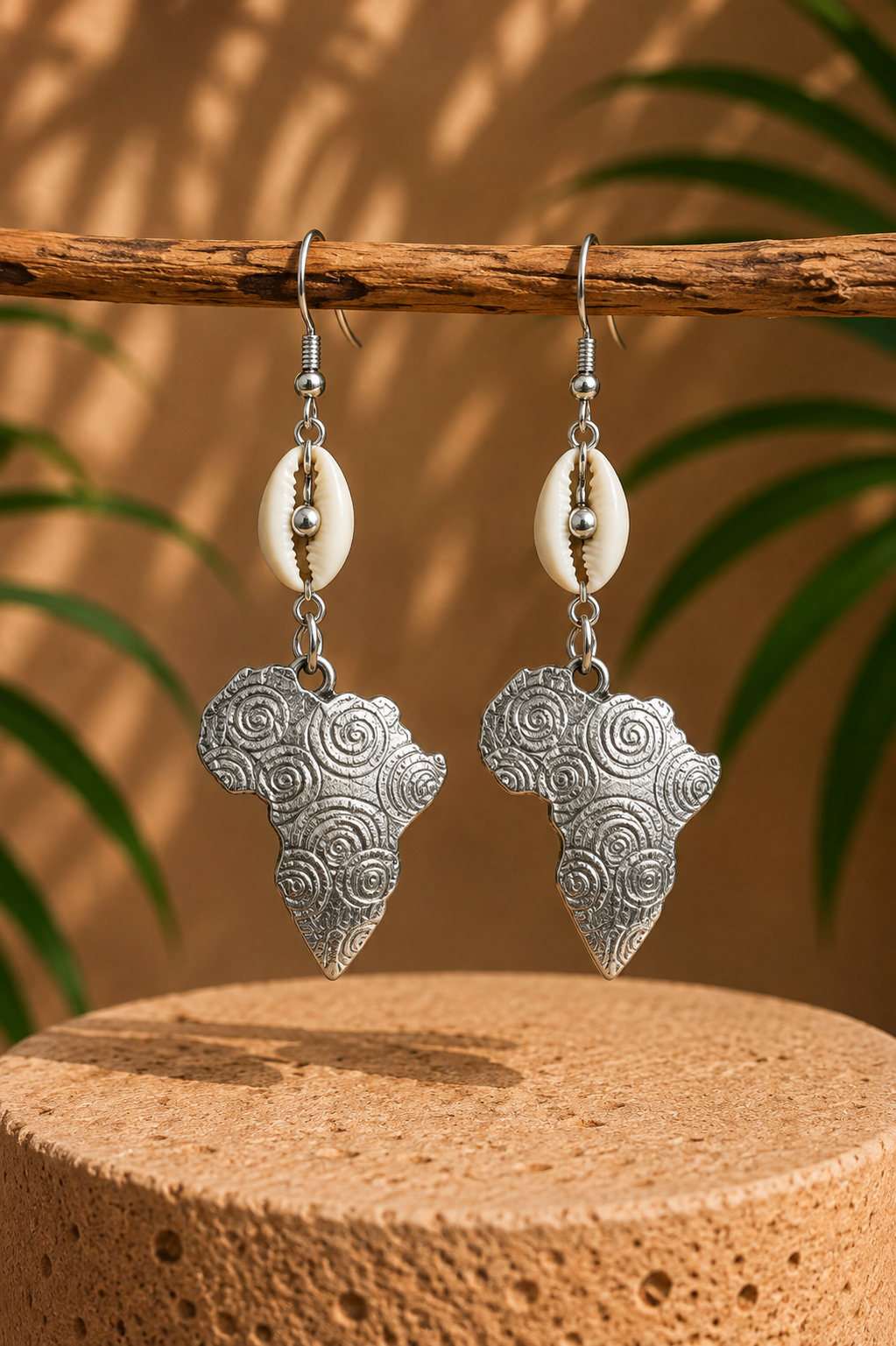 African Earrings Design 11 - silver Africa map swirl pattern drop earrings with cowrie shell