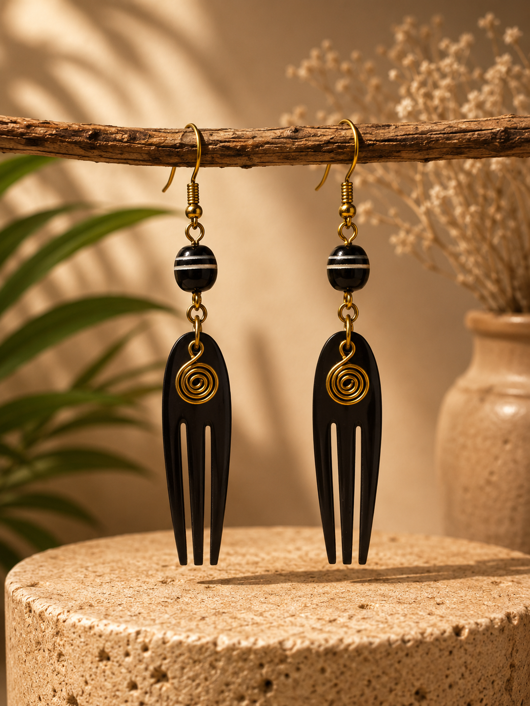 African Earrings Design 4 - black wooden comb drop earrings with gold spiral and striped bead