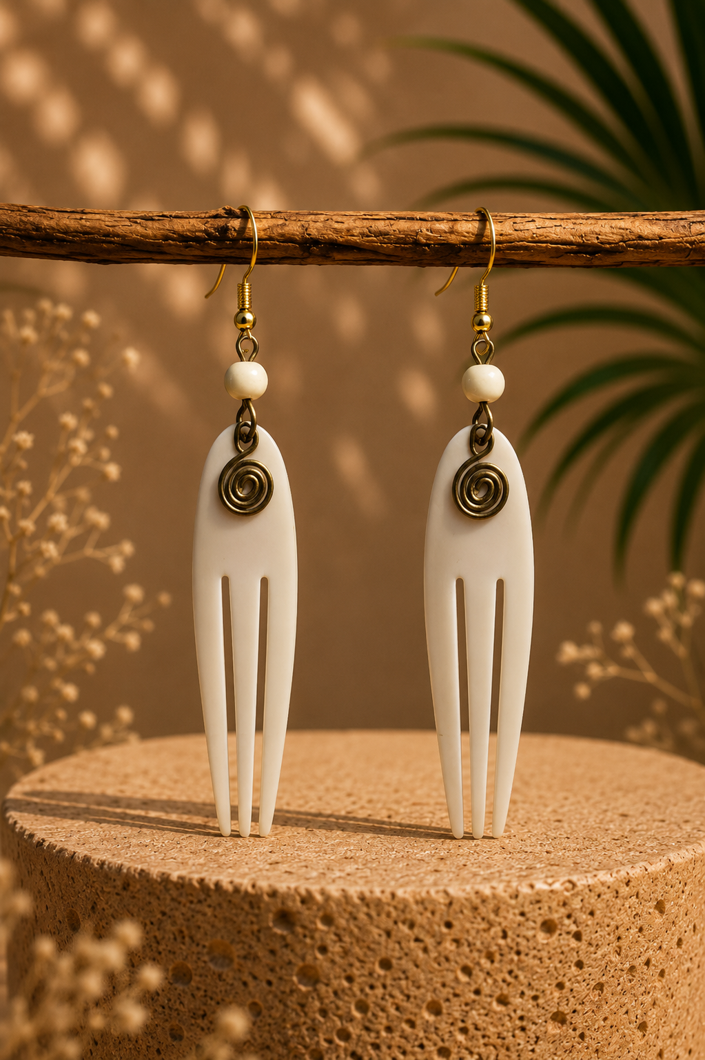 African Earrings Design 7 - white wooden comb drop earrings with gold spiral and white bead