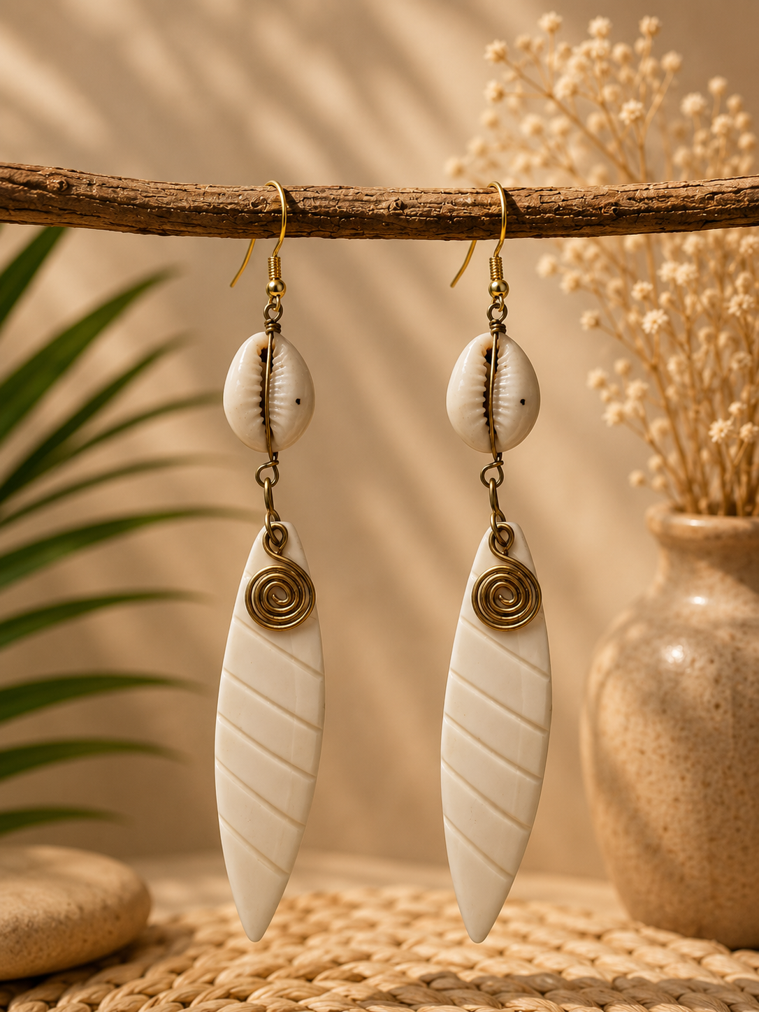 African Earrings Design 16 - white bone leaf drop earrings with cowrie shell and gold spiral