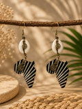 African Earrings Design 20 - black and white striped Africa map drop earrings with cowrie shell and gold spiral