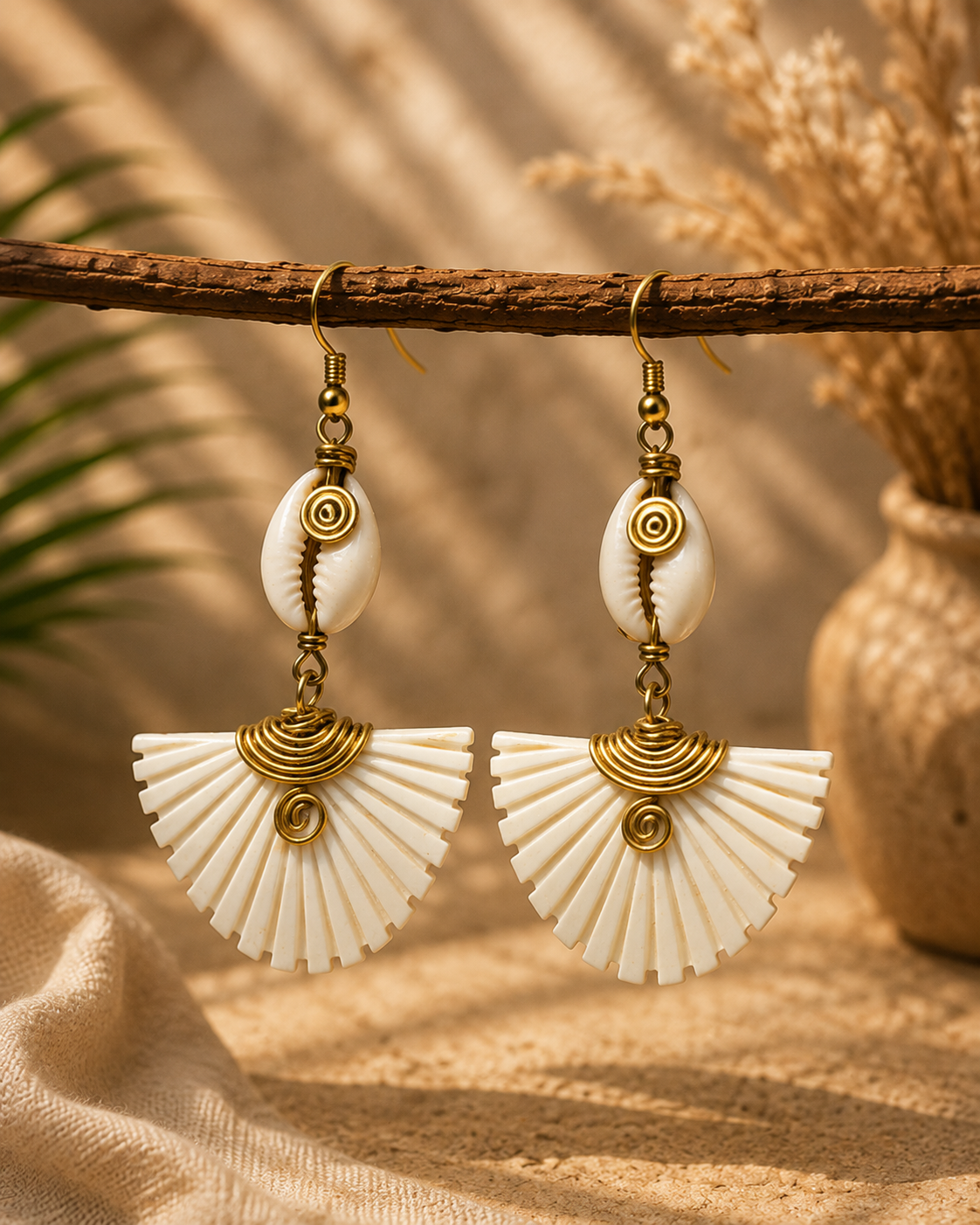 African Earrings Design 14 - white fan drop earrings with cowrie shell and gold spiral wire