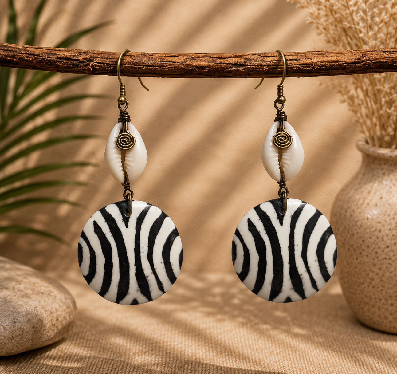 African Earrings Design 6 - black and white zebra print round drop earrings with cowrie shell and gold spiral