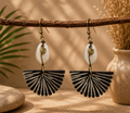African Earrings Design 8 - black fan drop earrings with cowrie shell and gold spiral wire