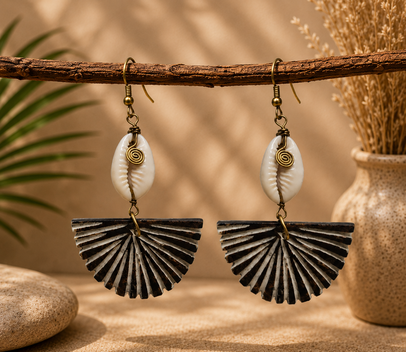African Earrings Design 8 - black fan drop earrings with cowrie shell and gold spiral wire