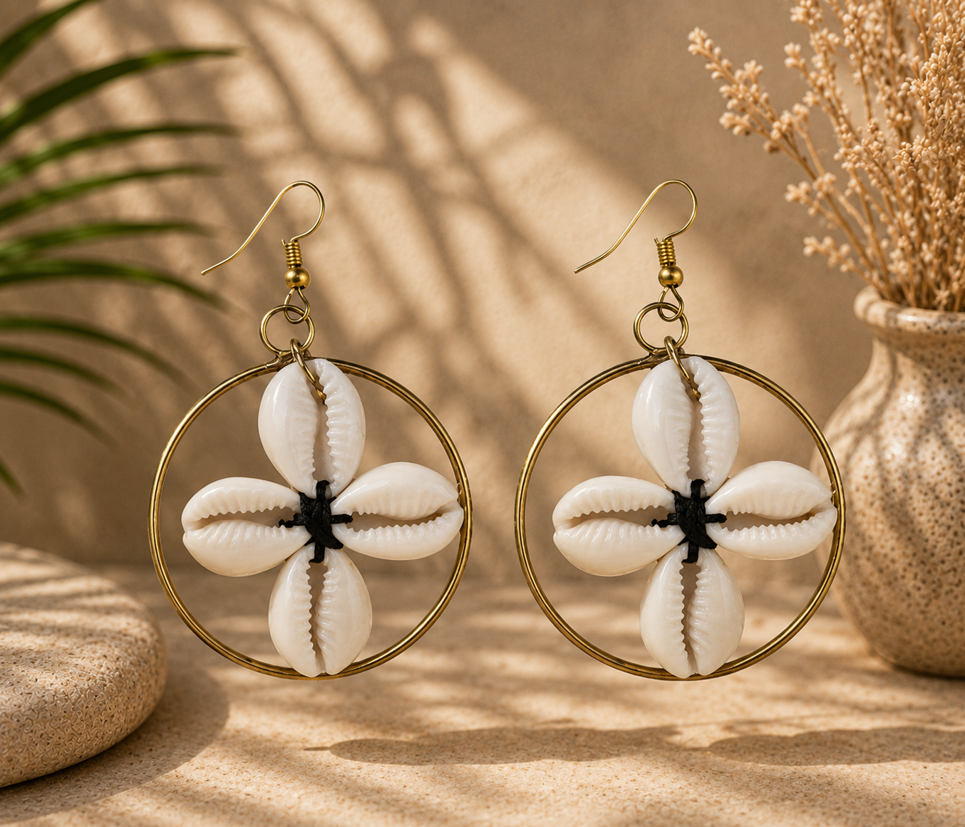 African Earrings Design 13 - cowrie shell flower hoop earrings with gold wire ring