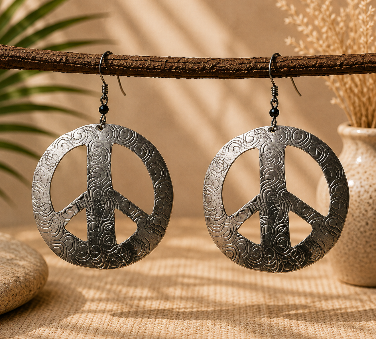 African Earrings Design 1 - silver peace sign drop earrings with swirl engraving