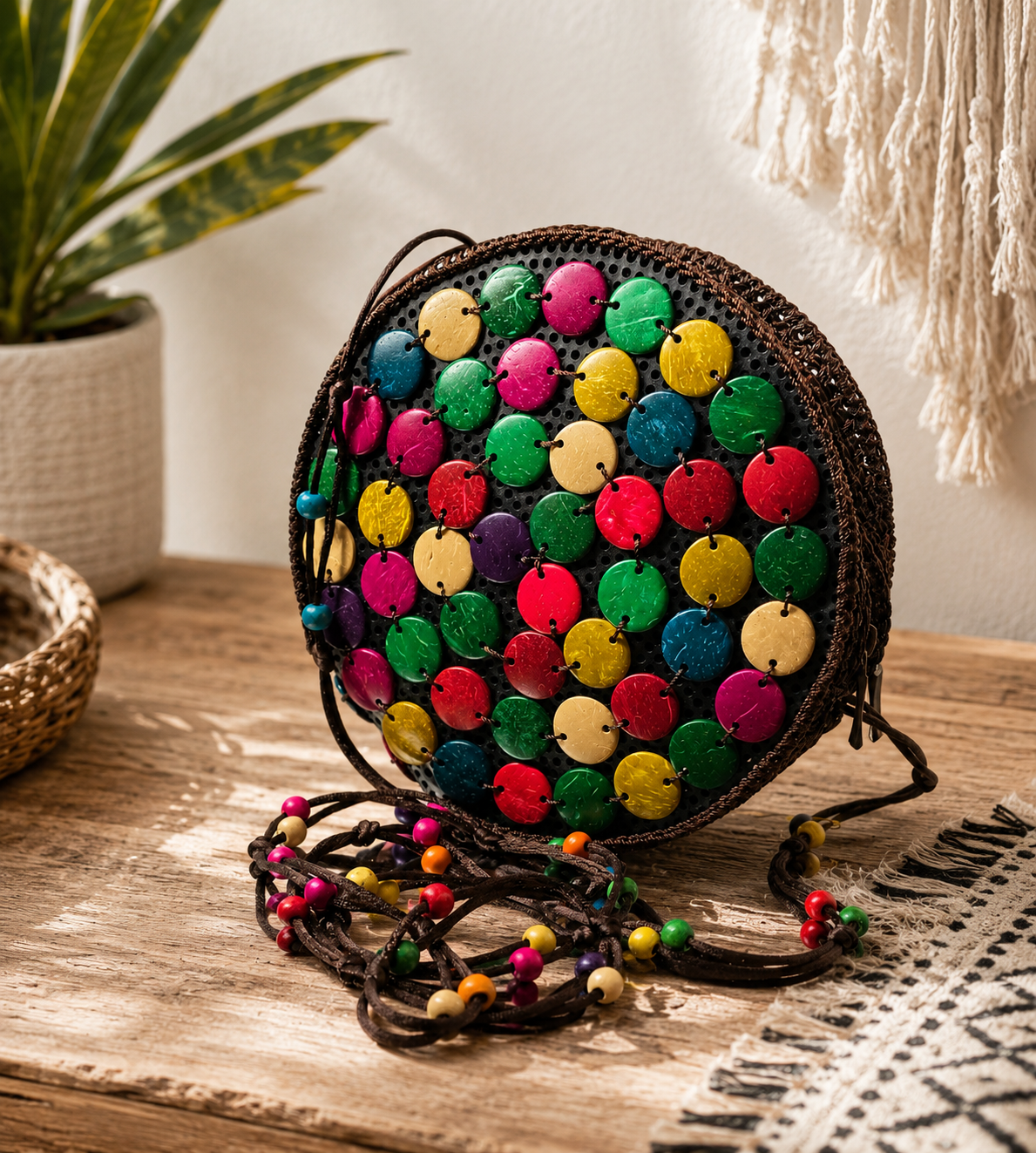 Round Beaded African Print Handbag