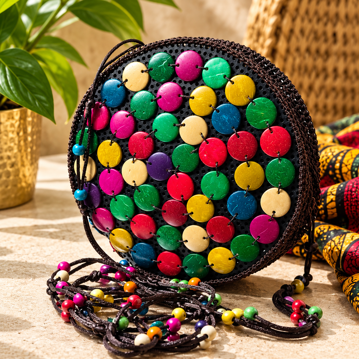 Round Beaded African Print Handbag