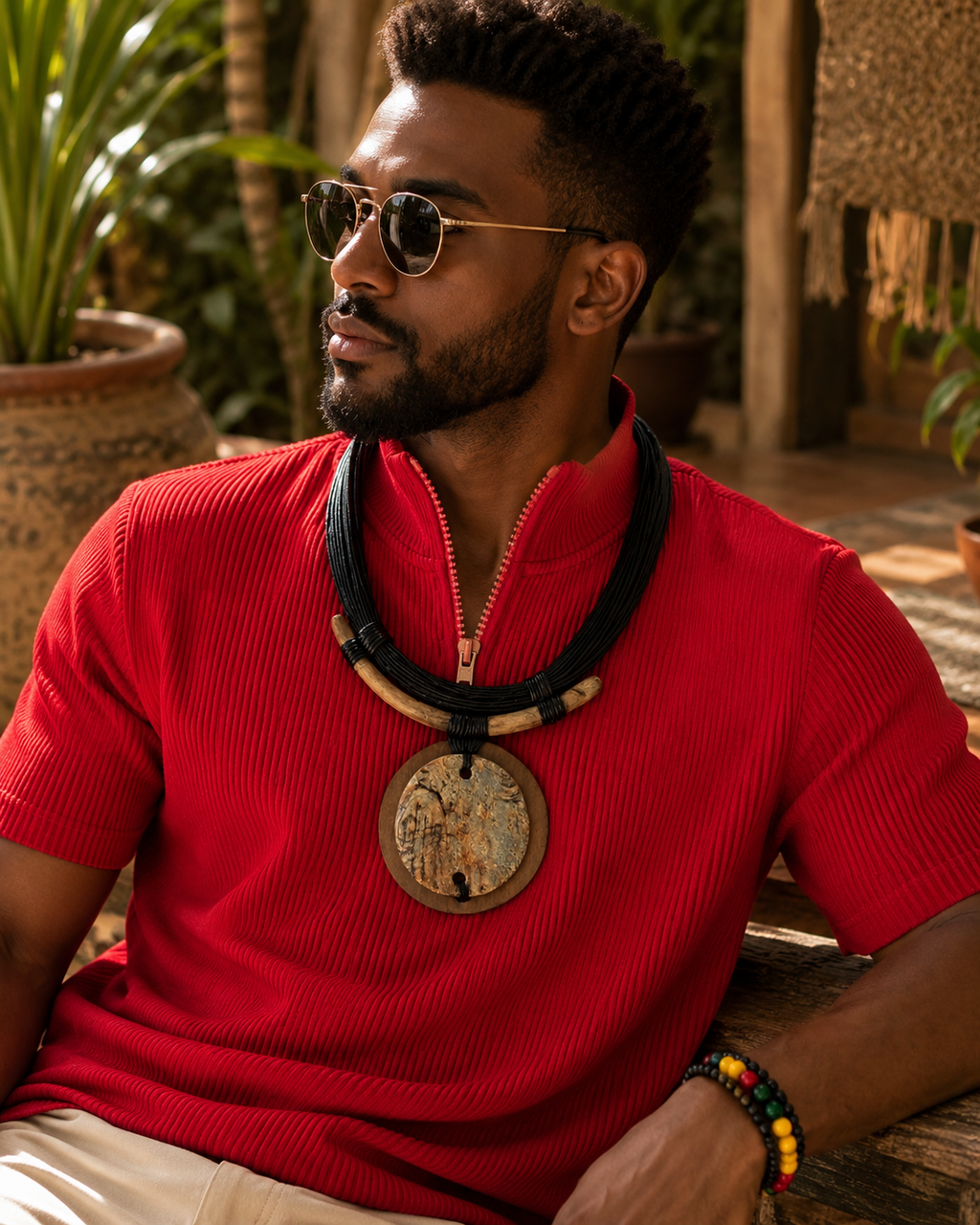 Bold Black and Natural Wood African Statement Necklace