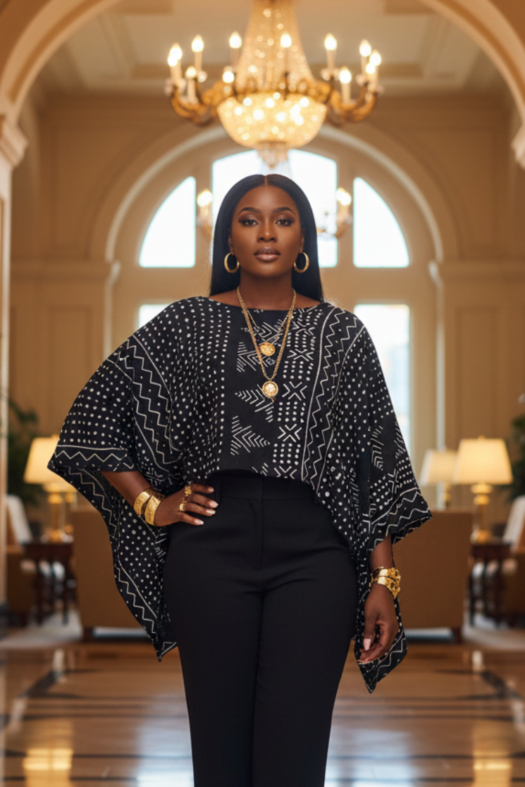 African Mudcloth Patchwork Batwing Top on Model