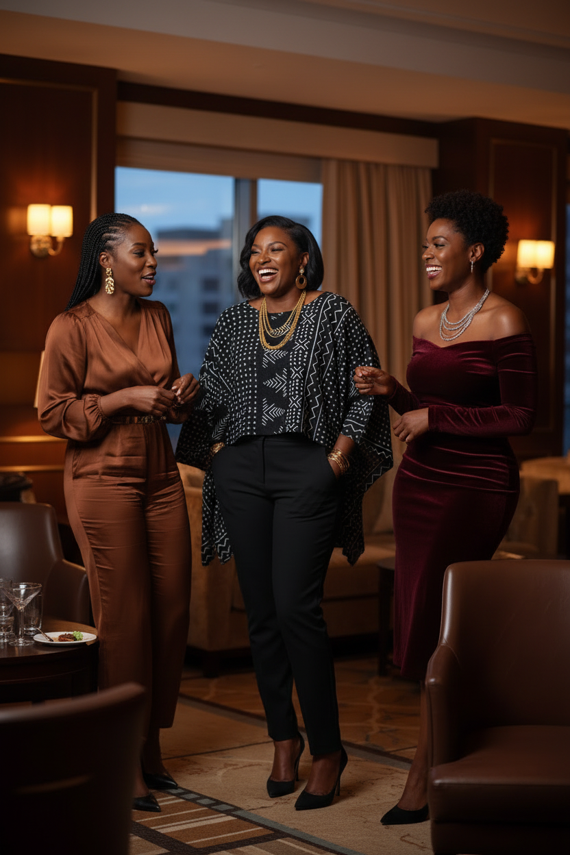 Three women socializing at upscale hotel lounge wearing African mudcloth patchwork batwing crop top