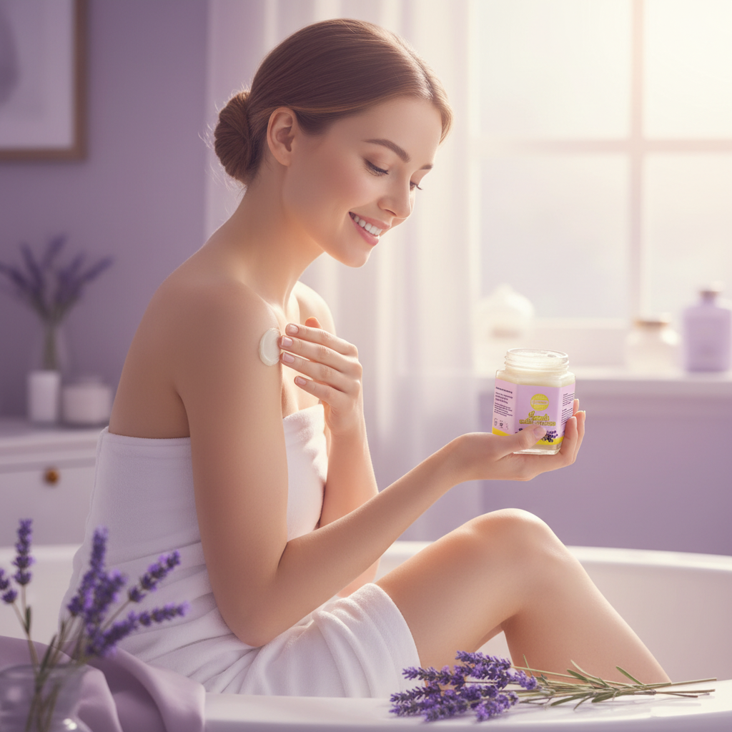 Woman applying Lavender Shea Butter for soft skin