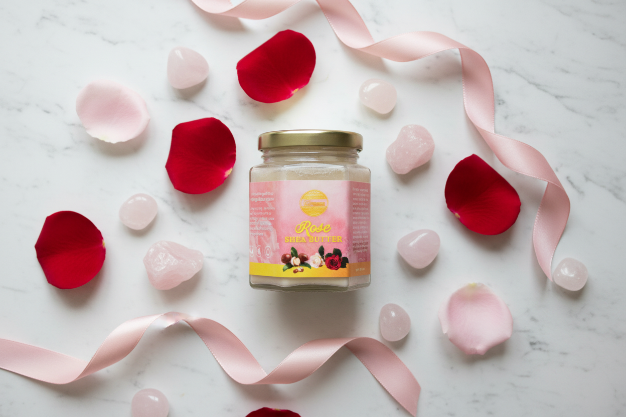 Rose Shea Butter flat lay with rose petals and crystals