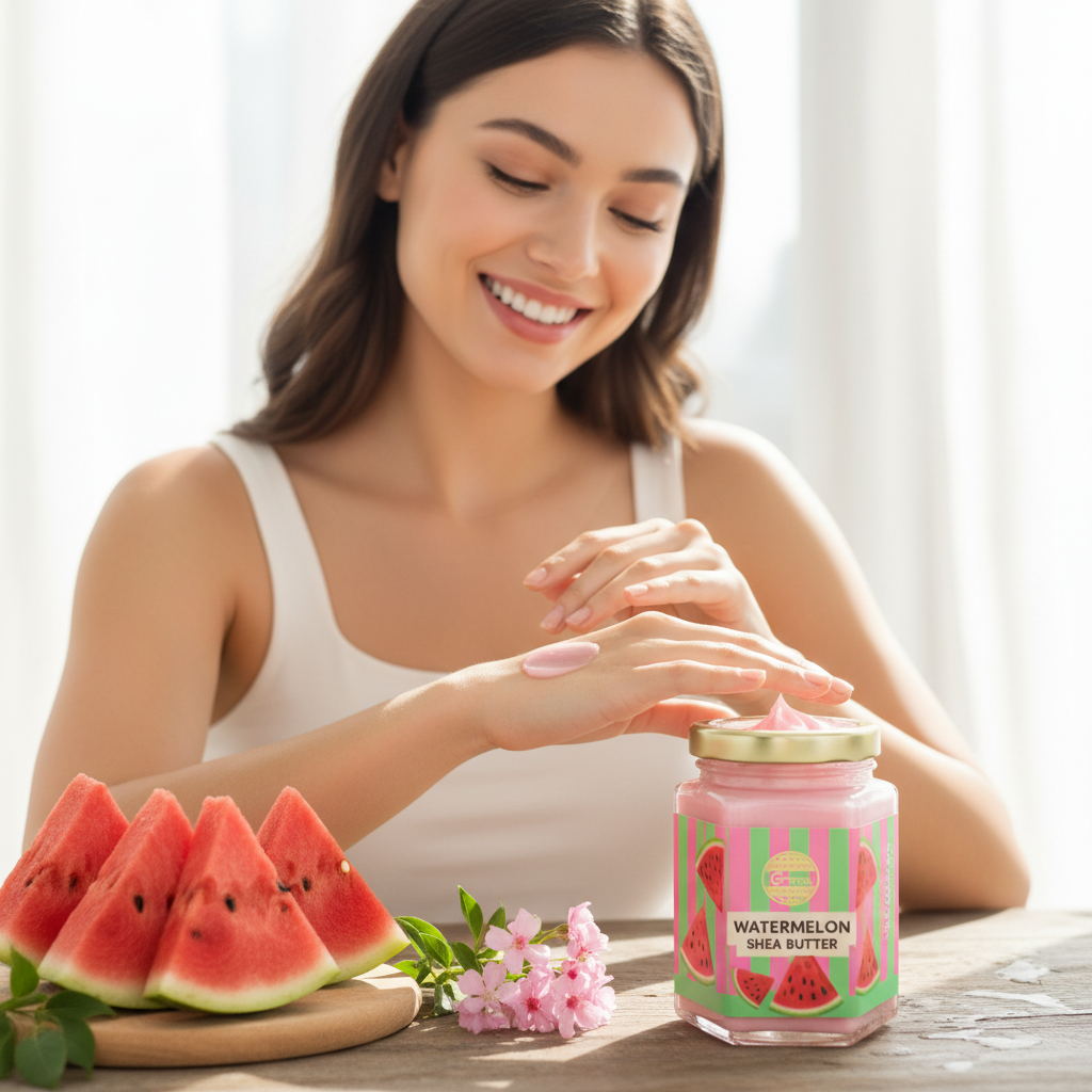 Glowing woman applying Watermelon Shea Butter on a sunny day