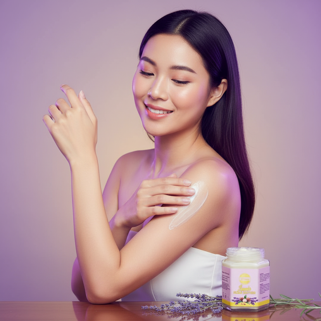 Asian woman applying Lavender Shea Butter for radiant skin