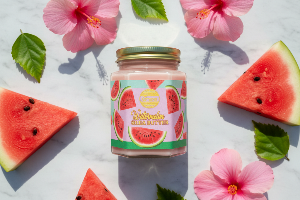 Watermelon Shea Butter flat lay with fresh watermelon and pink flowers