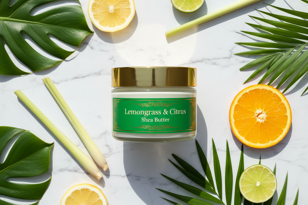 Lemongrass & Citrus Shea Butter flat lay with fresh citrus and lemongrass