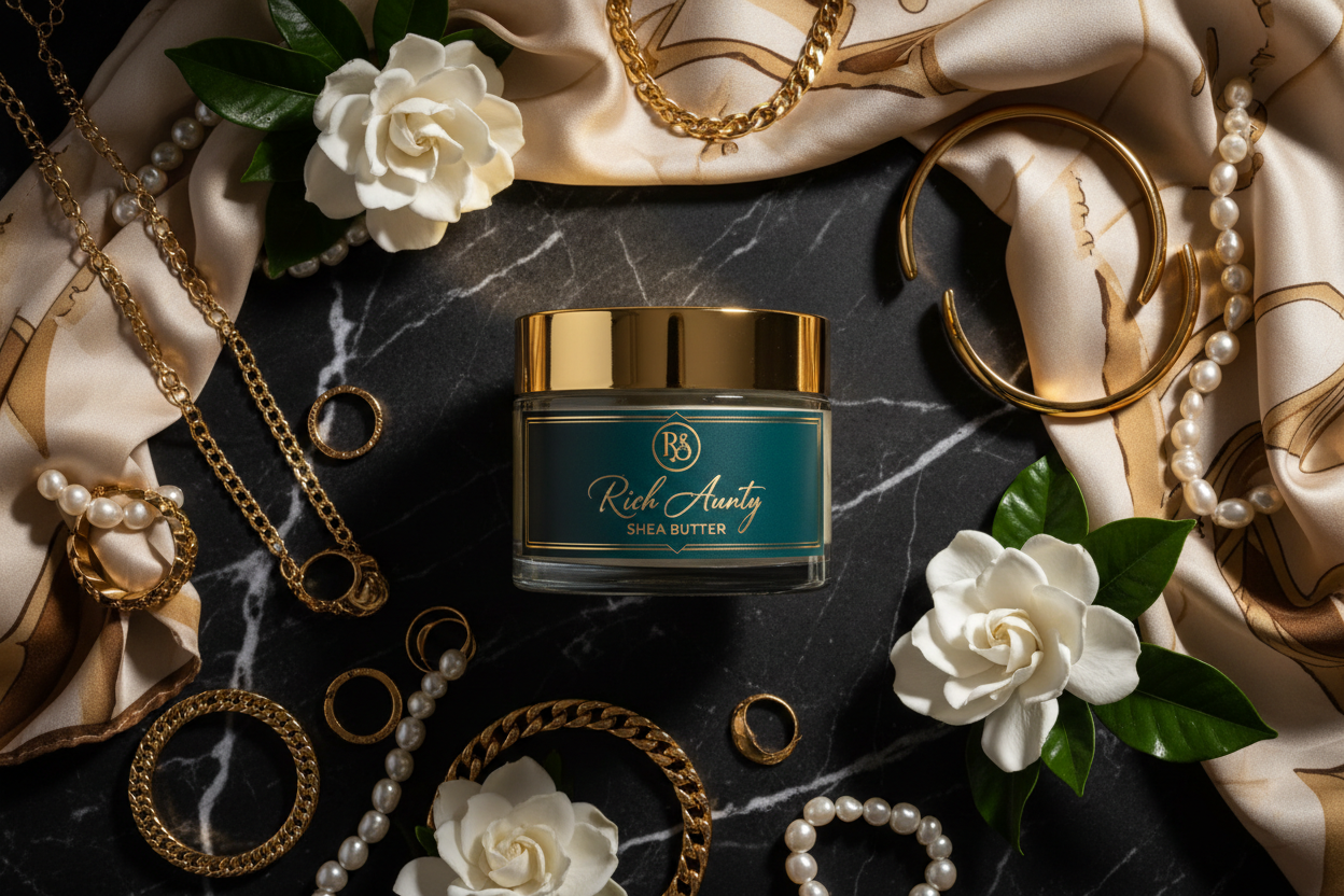 Rich Aunty Shea Butter teal label flat lay with pearls and gold