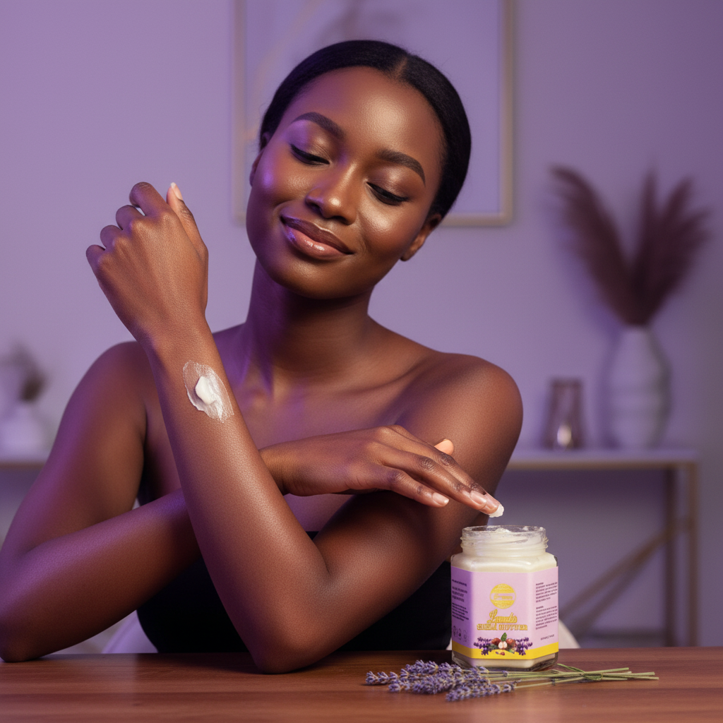 Dark-skinned woman applying Lavender Shea Butter to glowing skin