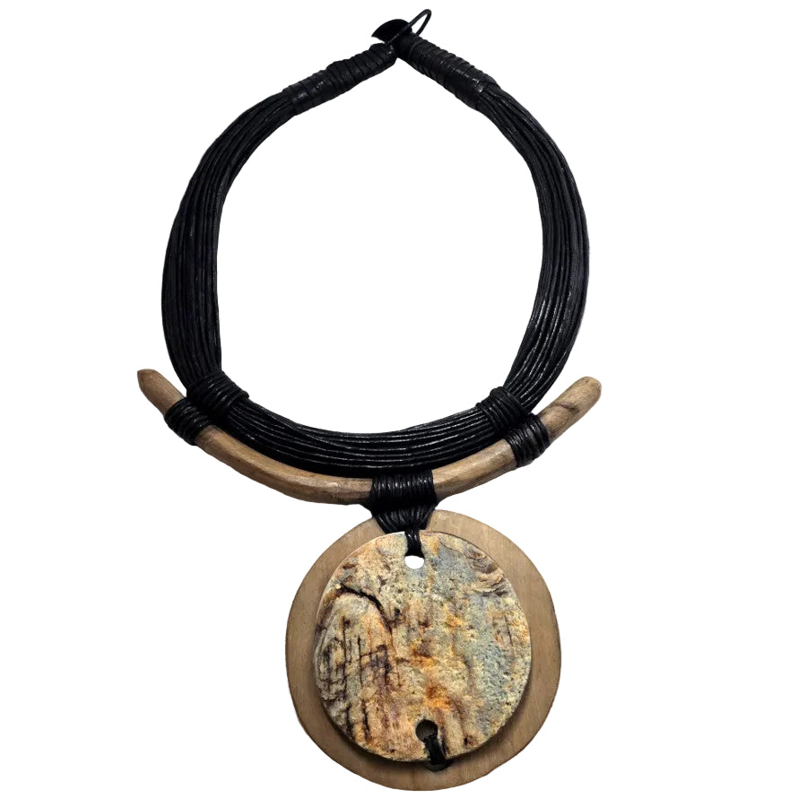 Bold Black and Natural Wood African Statement Necklace