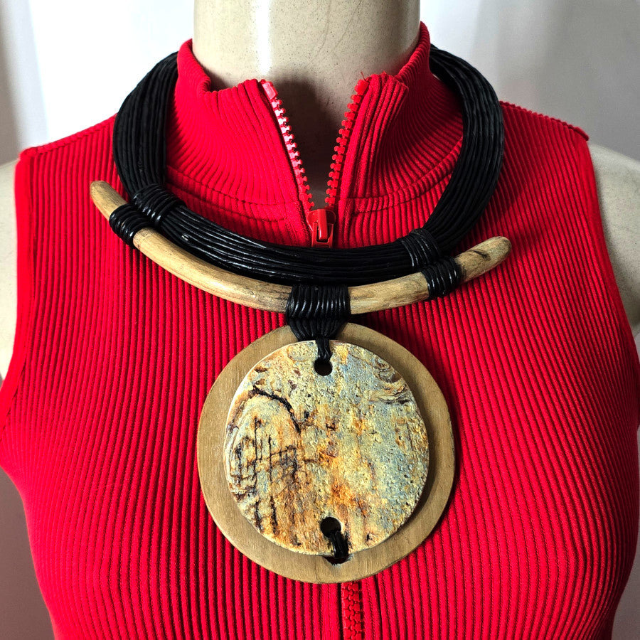 Bold Black and Natural Wood African Statement Necklace